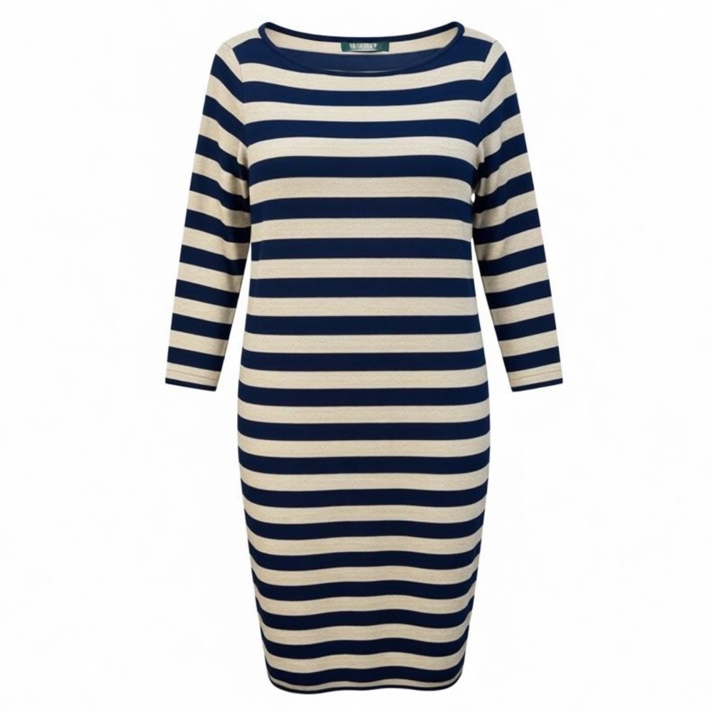 Lauren Ralph Lauren Navy Gold Metallic Striped Knit Sheath Dress Medium M